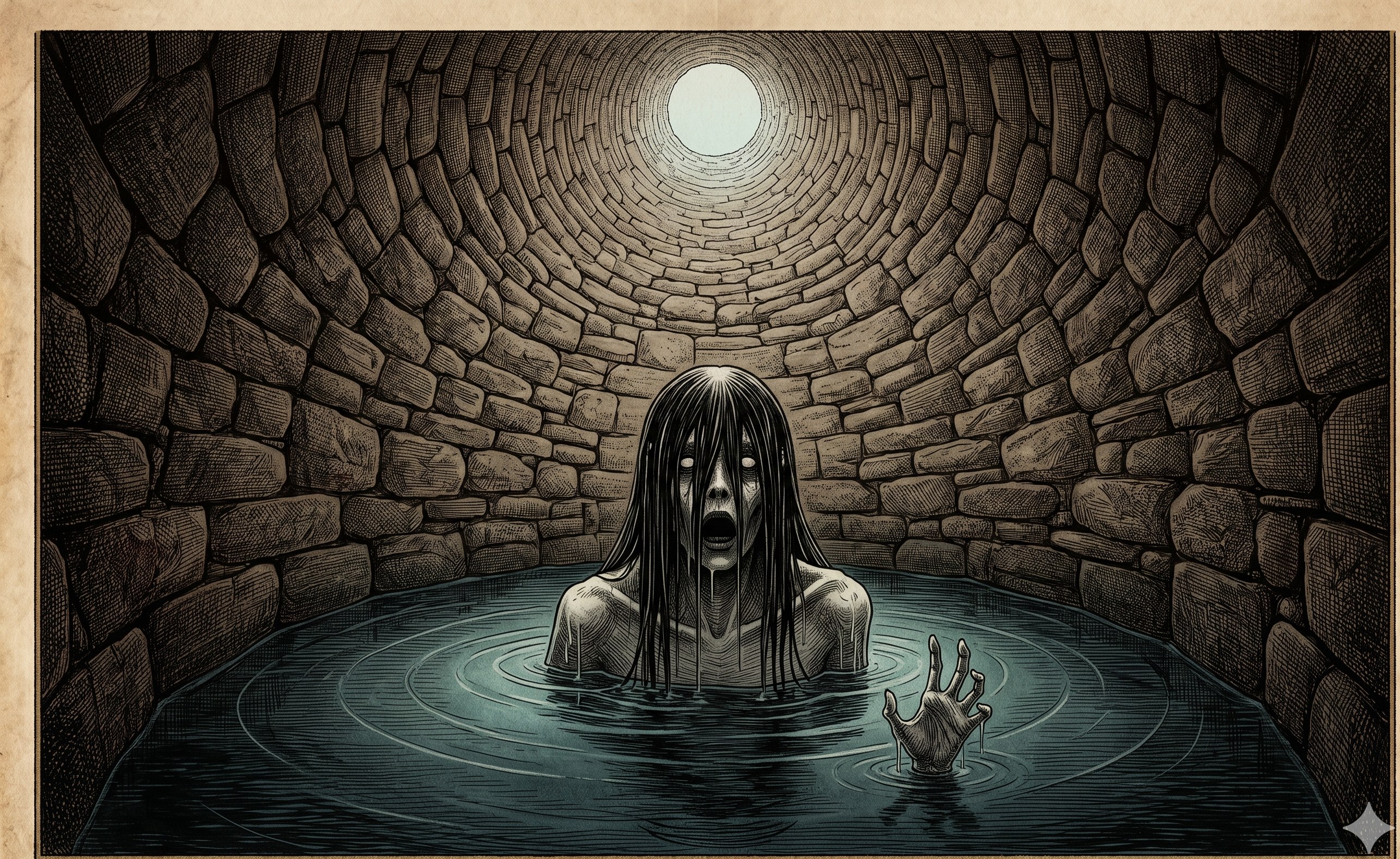 The Cistern Widow — rising from water in a stone cistern