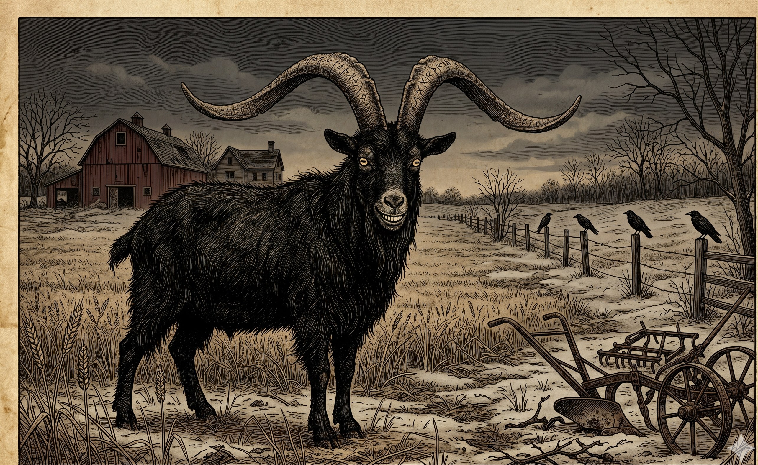 Goat of the Last Pasture — a large black goat with rune-carved horns standing in a winter field