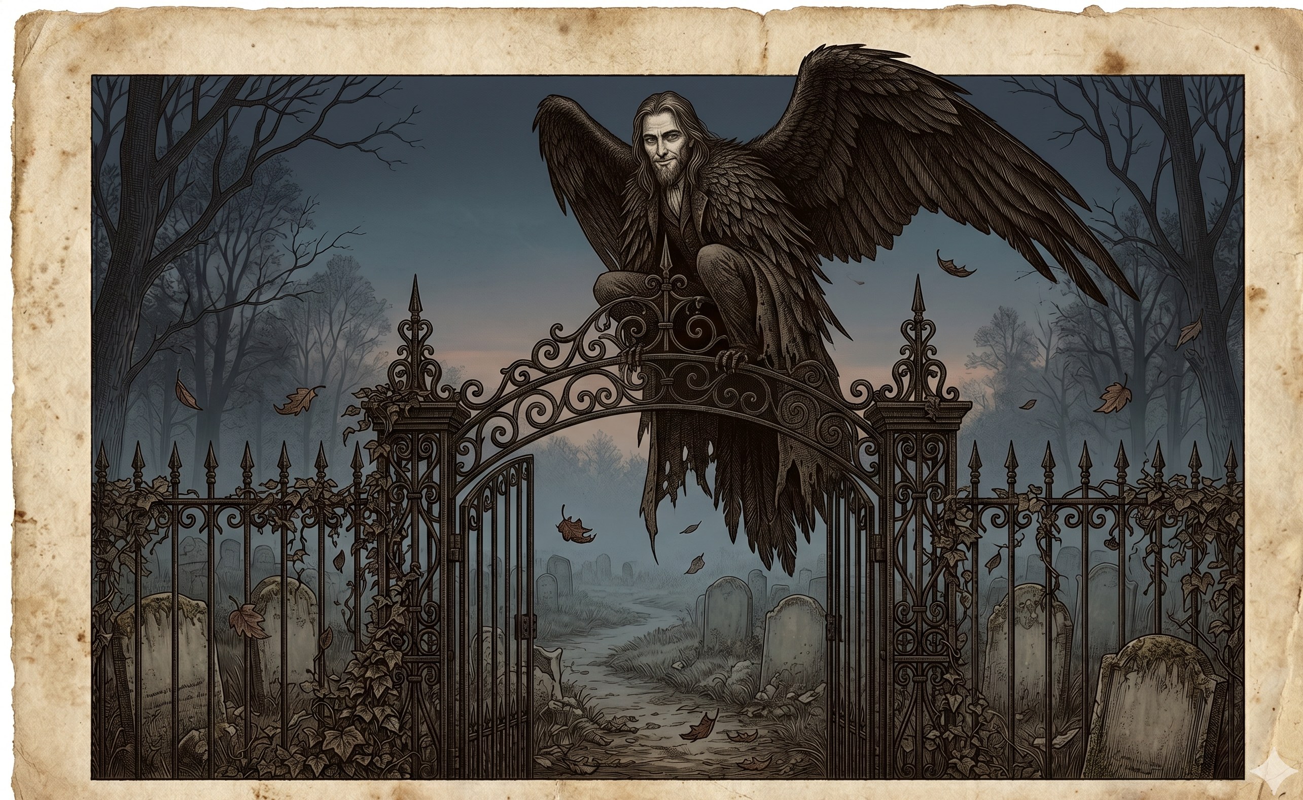 The Grinning Auspex — a winged figure perched on a cemetery gate at twilight