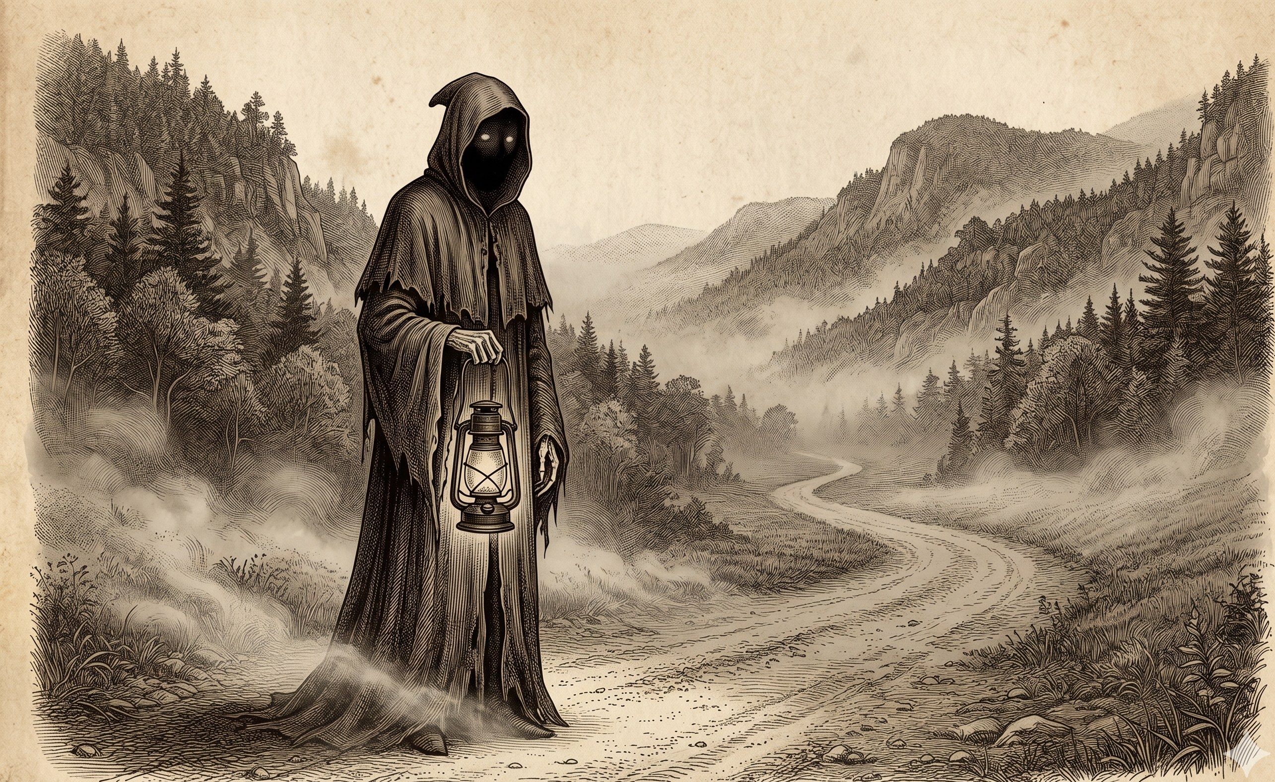 The Hollow Pilgrim — a cloaked figure with an unlit lantern standing on an Appalachian road