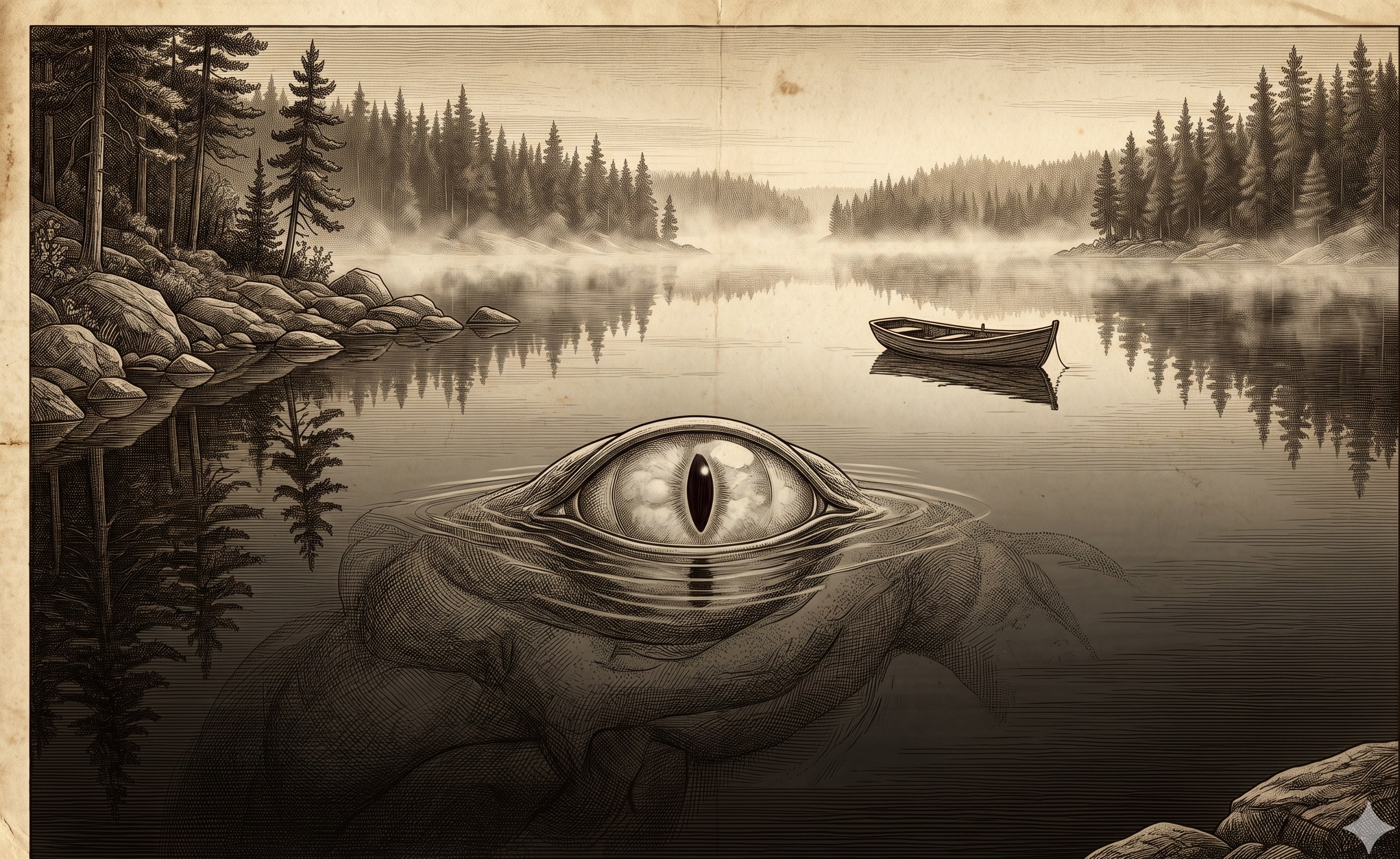 Lake-Eye of Elswick — an enormous pale eye rising from a still glacial lake at dawn