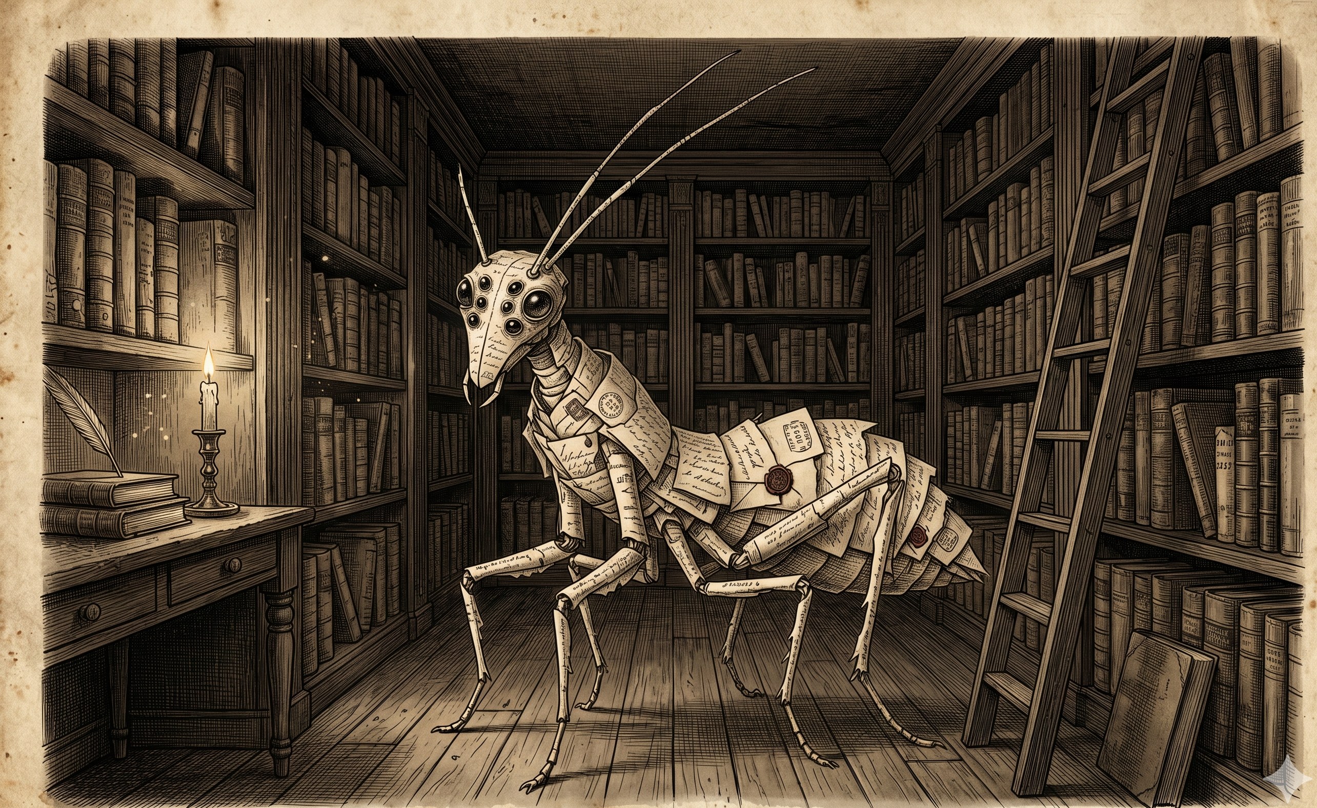 The Paper Thorax — an insect-like creature made of folded letters standing in an old library