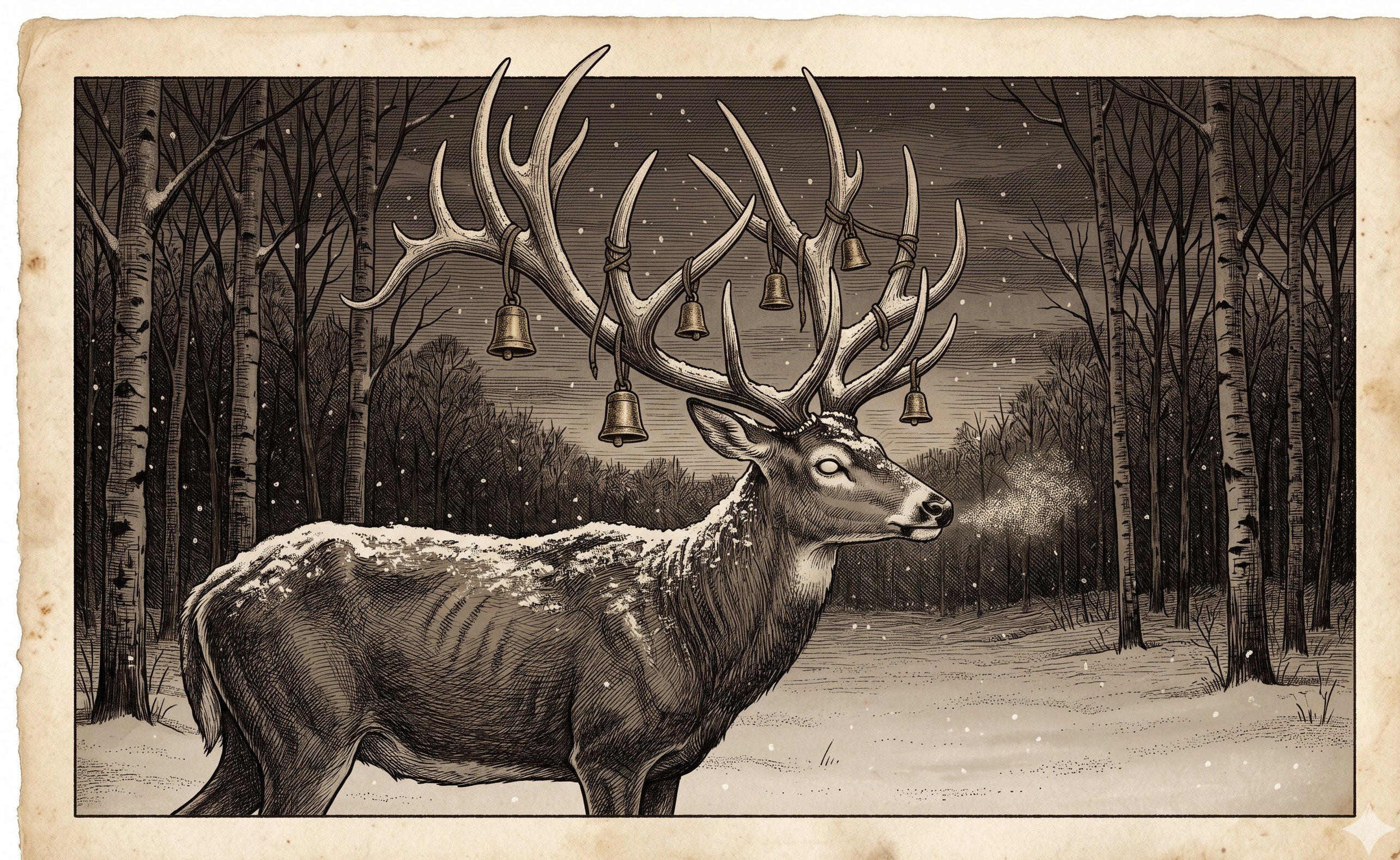 The Rattlebone Stag — dark stag with bells in antlers in a snowy forest